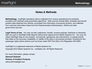 Methodology"


                                       Notes & Methods"

Methodology. masFlight operations data is collected from various operational and schedule
providers and matched using proprietary algorithms. Data sources include ﬂight, schedule and aircraft
position data obtained from airlines, purchased from third-party commercial vendors, and collected
from real-time information feeds from the Federal Aviation Administration, NOAA and other
government sources. !
!
Legal Terms of Use. You may not sell, sublicense, transfer, reverse engineer, distribute or otherwise
alter any part of masFlight Daily Reports without prior approval from Marks Systems Inc. You may not
utilize masFlight data for any aviation, commercial, operational, law enforcement, or judicial activity
that relies on the accuracy, availability, or validity of the data or summaries provided, including for any
passenger rights claims actions such as those under DOT Part 259 or EU Regulation 261/2004.!
!
masFlight is a registered trademark of Marks Systems Inc.!
Copyright 2012 Marks Systems Inc., masﬂight.com, All Rights Reserved!
!
For more information, please contact:!
Edmund Otubuah"
Director of Aviation Products"
edmund@masﬂight.com!

                                                    38!
 