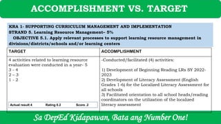 ACCOMPLISHMENT VS. TARGET
Sa DepEd Kidapawan, Bata ang Number One!
TARGET ACCOMPLISHMENT
4 activities related to learning resource
evaluation were conducted in a year- 5
3 - 4
2 – 3
1 - 2
-Conducted/facilitated (4) activities:
1) Development of Beginning Reading LRs SY 2022-
2023
2) Development of Literacy Assessment (English
Grades 1-6) for the Localized Literacy Assessment for
all schools
3) Facilitated orientation to all school heads/reading
coordinators on the utilization of the localized
literacy assessment
KRA 1- SUPPORTING CURRICULUM MANAGEMENT AND IMPLEMENTATION
STRAND 5. Learning Resource Management– 5%
OBJECTIVE 5.1. Apply relevant processes to support learning resource management in
divisions/districts/schools and/or learning centers
Actual result 4 Rating 0.2 Score .2
 