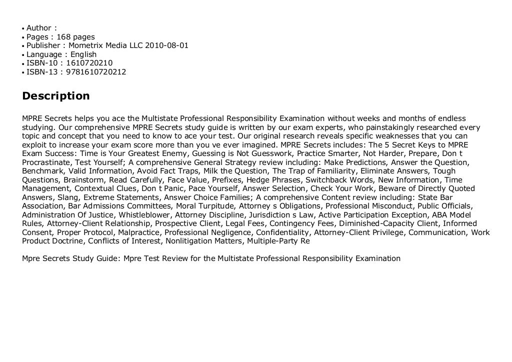 Mpre Secrets Study Guide Mpre Test Review for the Multistate