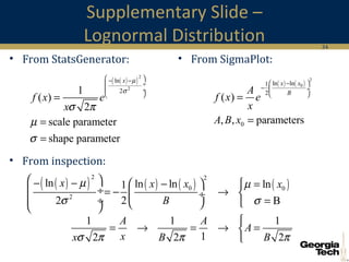 34
Supplementary Slide –
Lognormal Distribution
• From StatsGenerator:
( ) ( )
2
0ln ln1
2
0
( )
, , parameters
x x
BA
f x e
x
A B x
 −
−  ÷
 
=
=
( )( )
2
2
ln
21
( )
2
scale parameter
shape parameter
x
f x e
x
µ
σ
σ π
µ
σ
 − −
 ÷
 ÷
 
=
=
=
• From SigmaPlot:
• From inspection:
( )( ) ( ) ( ) ( )
2 2
0 0
2
ln ln ln ln1
2 2 B
x x x x
B
µ µ
σ σ
 − − −   =
 ÷= − →  ÷
 ÷ =  
1 1 1
12 2 2
A A
A
xx B Bσ π π π

= → = → =

 