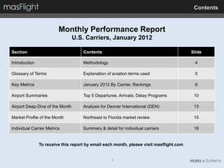 Contents


                         Monthly Performance Report
                                 U.S. Carriers, January 2012

Section                             Contents                                            Slide

Introduction                        Methodology                                          4

Glossary of Terms                   Explanation of aviation terms used                   5

Key Metrics                         January 2012 By Carrier, Rankings                    6

Airport Summaries                   Top 5 Departures, Arrivals; Delay Programs           10

Airport Deep-Dive of the Month      Analysis for Denver International (DEN)              13

Market Profile of the Month         Northeast to Florida market review                   15

Individual Carrier Metrics          Summary & detail for individual carriers             18


               To receive this report by email each month, please visit masflight.com


                                                  3
 