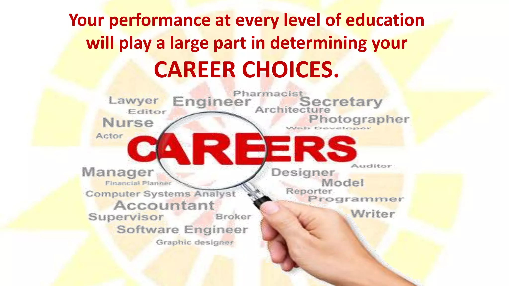 Your performance at every level of education
will play a large part in determining your
CAREER CHOICES.
 