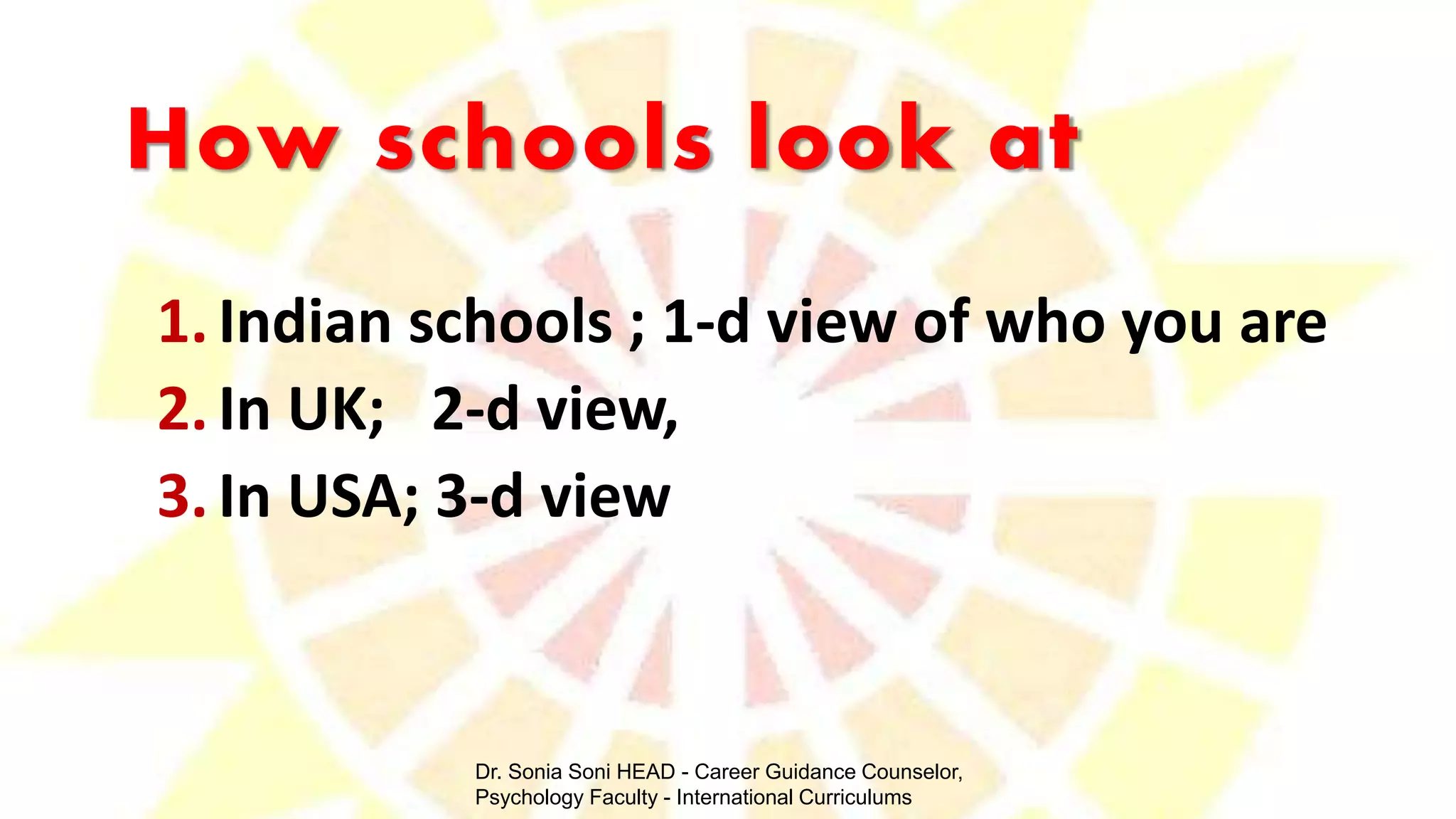 How schools look at
1.Indian schools ; 1-d view of who you are
2.In UK; 2-d view,
3.In USA; 3-d view
Dr. Sonia Soni HEAD - Career Guidance Counselor,
Psychology Faculty - International Curriculums
 