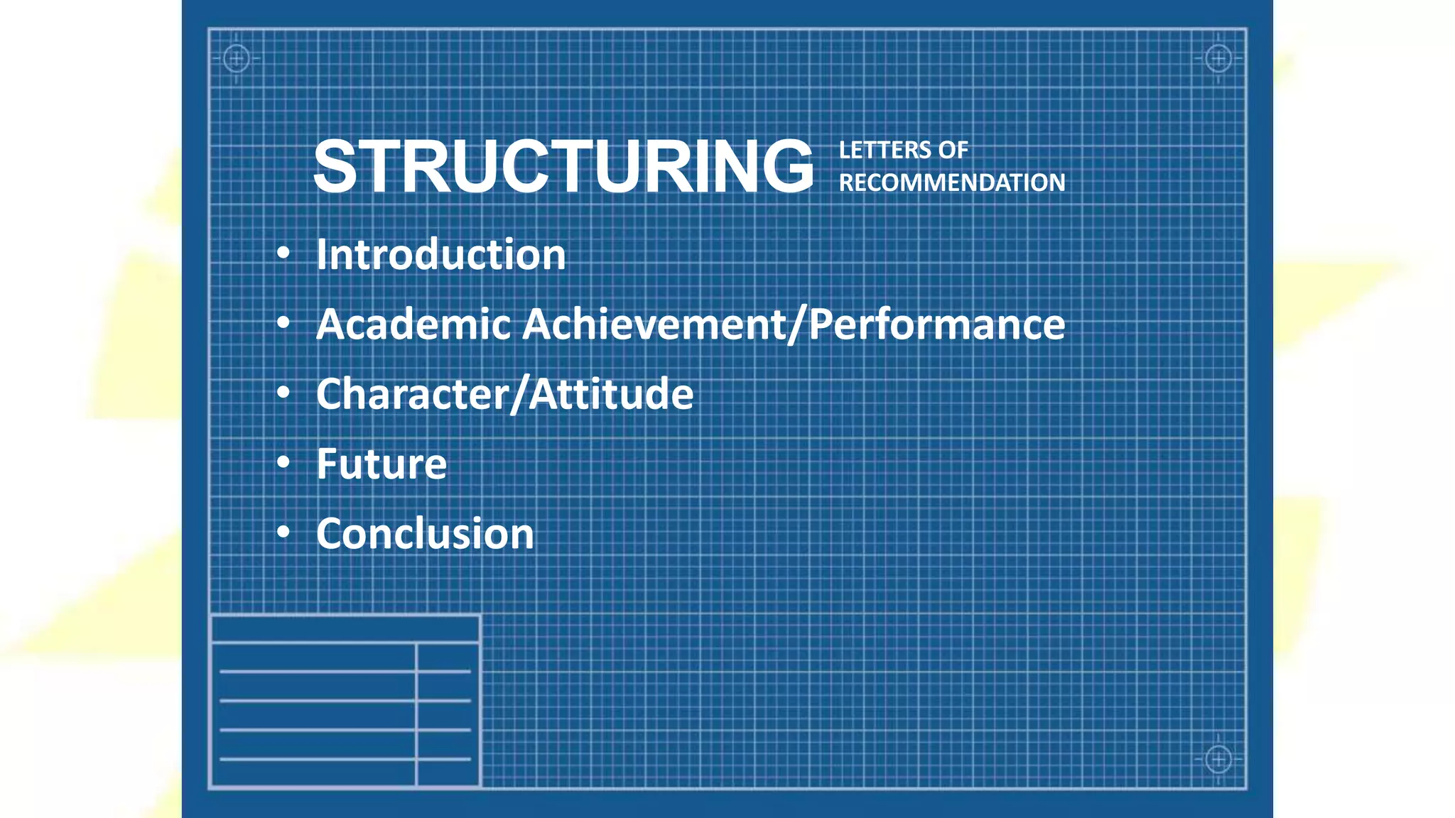 • Introduction
• Academic Achievement/Performance
• Character/Attitude
• Future
• Conclusion
STRUCTURING LETTERS OF
RECOMMENDATION
 