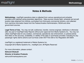Methodology"


                                       Notes & Methods"

Methodology. masFlight operations data is collected from various operational and schedule
providers and matched using proprietary algorithms. Data sources include ﬂight, schedule and aircraft
position data obtained from airlines, purchased from third-party commercial vendors, and collected
from real-time information feeds from the Federal Aviation Administration, NOAA and other
government sources. !
!
Legal Terms of Use. You may not sell, sublicense, transfer, reverse engineer, distribute or otherwise
alter any part of masFlight Daily Reports without prior approval from Marks Systems Inc. You may not
utilize masFlight data for any aviation, commercial, operational, law enforcement, or judicial activity
that relies on the accuracy, availability, or validity of the data or summaries provided, including for any
passenger rights claims actions such as those under DOT Part 259 or EU Regulation 261/2004.!
!
masFlight is a registered trademark of Marks Systems Inc.!
Copyright 2012 Marks Systems Inc., masﬂight.com, All Rights Reserved!
!
For more information, please contact:!
Edmund Otubuah"
Director of Aviation Products"
edmund@markssystems.com!

                                                    39!
 