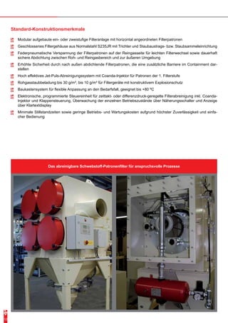 Standard-Konstruktionsmerkmale 
-- Modular aufgebaute ein- oder zweistufige Filteranlage mit horizontal angeordneten Filterpatronen 
-- Geschlossenes Filtergehäuse aus Normalstahl S235JR mit Trichter und Staubaustrags- bzw. Staubsammeleinrichtung 
-- Federpneumatische Verspannung der Filterpatronen auf der Reingasseite für leichten Filterwechsel sowie dauerhaft 
sichere Abdichtung zwischen Roh- und Reingasbereich und zur äußeren Umgebung 
-- Erhöhte Sicherheit durch nach außen abdichtende Filterpatronen, die eine zusätzliche Barriere im Containment dar-stellen 
-- Hoch effektives Jet-Puls-Abreinigungssystem mit Coanda-Injektor für Patronen der 1. Filterstufe 
-- Rohgasstaubbeladung bis 30 g/m³, bis 10 g/m³ für Filtergeräte mit konstruktivem Explosionschutz 
-- Baukastensystem für flexible Anpassung an den Bedarfsfall, geeignet bis +80 ºC 
-- Elektronische, programmierte Steuereinheit für zeittakt- oder differenzdruck-geregelte Filterabreinigung inkl. Coanda- 
Injektor und Klappensteuerung, Überwachung der einzelnen Betriebszustände über Näherungsschalter und Anzeige 
über Klartextdisplay 
-- Minimale Stillstandzeiten sowie geringe Betriebs- und Wartungskosten aufgrund höchster Zuverlässigkeit und einfa-cher 
Das abreinigbare Schwebstoff-Patronenfilter für anspruchsvolle Prozesse 
Bedienung 
12 
 