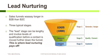 Lead Nurturing
 Sales funnels waaaay longer in
B2B than B2C
 Three typical stages
 The “lead” stage can be lengthy
and involve levels of
qualification before a contact is
moved further down the funnel.
This is where lead nurturing
pays off!
Twitter: @SyncMarketing © 2018 Synchronicity Marketing. All rights reserved
 
