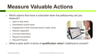 Measure Valuable Actions
 Which actions that move a subscriber down the path/journey can you
measure?
 Open or click email
 Downloaded content asset
 Engagement in other channels (social, mobile, store)
 Webinar registration
 Live event attendance
 Request conversation
 Request Proposal
 What is each worth in terms of qualification value? Likelihood to convert?
Twitter: @SyncMarketing © 2018 Synchronicity Marketing. All rights reserved
 