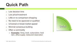 Quick Path
 Low decision time
 Low price/investment
 Little or no comparison-shopping
 No need to be approved or qualified
 Universal or broad market appeal
 Minimal consensus-building
 Often a commodity
 Examples: Song, book, subscription, food
item, office supply, restaurant reservation
Twitter: @SyncMarketing © 2018 Synchronicity Marketing. All rights reserved
 