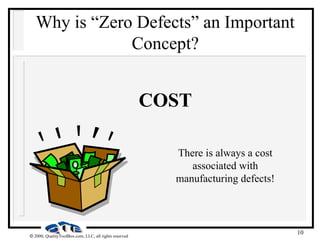10
 2000, QualityToolBox.com, LLC, all rights reserved
Why is “Zero Defects” an Important
Concept?
COST
There is always a cost
associated with
manufacturing defects!
 