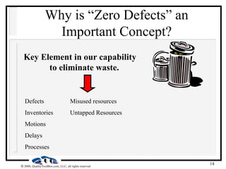 14
 2000, QualityToolBox.com, LLC, all rights reserved
Why is “Zero Defects” an
Important Concept?
Key Element in our capability
to eliminate waste.
Defects Misused resources
Inventories Untapped Resources
Motions
Delays
Processes
 