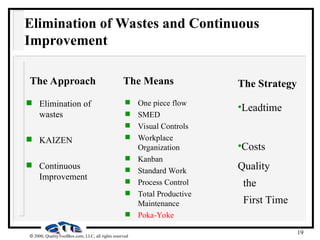 19
 2000, QualityToolBox.com, LLC, all rights reserved
Elimination of Wastes and Continuous
Improvement
 Elimination of
wastes
 KAIZEN
 Continuous
Improvement
 One piece flow
 SMED
 Visual Controls
 Workplace
Organization
 Kanban
 Standard Work
 Process Control
 Total Productive
Maintenance
 Poka-Yoke
•Leadtime
•Costs
Quality
the
First Time
The Approach The Means The Strategy
 
