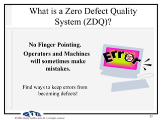 23
 2000, QualityToolBox.com, LLC, all rights reserved
What is a Zero Defect Quality
System (ZDQ)?
No Finger Pointing.
Operators and Machines
will sometimes make
mistakes.
Find ways to keep errors from
becoming defects!
 