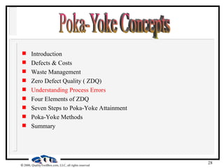 28
 2000, QualityToolBox.com, LLC, all rights reserved
 Introduction
 Defects & Costs
 Waste Management
 Zero Defect Quality ( ZDQ)
 Understanding Process Errors
 Four Elements of ZDQ
 Seven Steps to Poka-Yoke Attainment
 Poka-Yoke Methods
 Summary
 