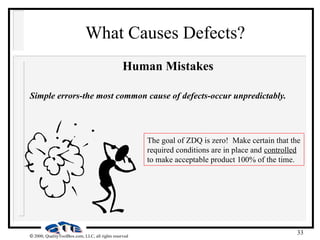 33
 2000, QualityToolBox.com, LLC, all rights reserved
What Causes Defects?
Human Mistakes
Simple errors-the most common cause of defects-occur unpredictably.
The goal of ZDQ is zero! Make certain that the
required conditions are in place and controlled
to make acceptable product 100% of the time.
 