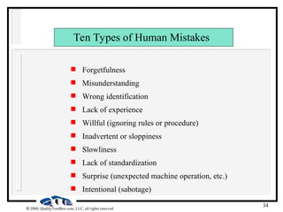 34
 2000, QualityToolBox.com, LLC, all rights reserved
Ten Types of Human Mistakes
 Forgetfulness
 Misunderstanding
 Wrong identification
 Lack of experience
 Willful (ignoring rules or procedure)
 Inadvertent or sloppiness
 Slowliness
 Lack of standardization
 Surprise (unexpected machine operation, etc.)
 Intentional (sabotage)
 