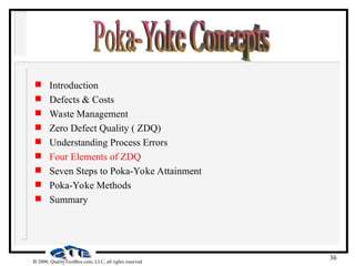 36
 2000, QualityToolBox.com, LLC, all rights reserved
 Introduction
 Defects & Costs
 Waste Management
 Zero Defect Quality ( ZDQ)
 Understanding Process Errors
 Four Elements of ZDQ
 Seven Steps to Poka-Yoke Attainment
 Poka-Yoke Methods
 Summary
 