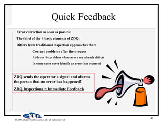 42
 2000, QualityToolBox.com, LLC, all rights reserved
Quick Feedback
Error correction as soon as possible
The third of the 4 basic elements of ZDQ.
Differs from traditional inspection approaches that:
Correct problems after the process
Address the problem when errors are already defects
In some cases never identify an error has occurred
ZDQ sends the operator a signal and alarms
the person that an error has happened!
ZDQ Inspections = Immediate Feedback
 
