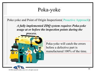 48
 2000, QualityToolBox.com, LLC, all rights reserved
Poka-yoke
Poke-yoke and Point of Origin Inspections( Proactive Approach):
A fully implemented ZDQ system requires Poka-yoke
usage at or before the inspection points during the
process.
Poka-yoke will catch the errors
before a defective part is
manufactured 100% of the time.
 