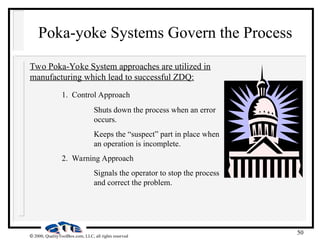50
 2000, QualityToolBox.com, LLC, all rights reserved
Poka-yoke Systems Govern the Process
Two Poka-Yoke System approaches are utilized in
manufacturing which lead to successful ZDQ:
1. Control Approach
Shuts down the process when an error
occurs.
Keeps the “suspect” part in place when
an operation is incomplete.
2. Warning Approach
Signals the operator to stop the process
and correct the problem.
 