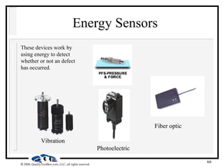66
 2000, QualityToolBox.com, LLC, all rights reserved
Energy Sensors
These devices work by
using energy to detect
whether or not an defect
has occurred.
Fiber optic
Photoelectric
Vibration
 