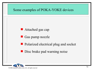 72
 2000, QualityToolBox.com, LLC, all rights reserved
Some examples of POKA-YOKE devices
 Attached gas cap
 Gas pump nozzle
 Polarized electrical plug and socket
 Disc brake pad warning noise
 