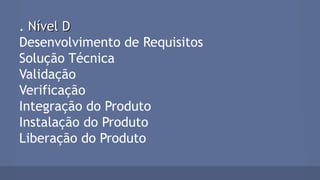 . Nível DNível D
Desenvolvimento de Requisitos
Solução Técnica
Validação
Verificação
Integração do Produto
Instalação do Produto
Liberação do Produto
 