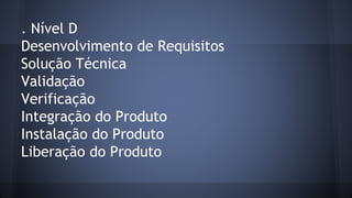 . Nível D
Desenvolvimento de Requisitos
Solução Técnica
Validação
Verificação
Integração do Produto
Instalação do Produto
Liberação do Produto
 