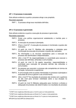MPS.BR-Guia Geral MPS de Software:2012 19/59
AP 1.1 O processo é executado
Este atributo evidencia o quanto o processo atinge o seu propósito.
Resultado esperado:
RAP 1. O processo atinge seus resultados definidos.
AP 2.1 O processo é gerenciado
Este atributo evidencia o quanto a execução do processo é gerenciada.
Resultados esperados:
RAP 2. Existe uma política organizacional estabelecida e mantida para o
processo;
RAP 3. A execução do processo é planejada;
RAP 4. (Para o nível G)4
. A execução do processo é monitorada e ajustes são
realizados;
RAP 4. (A partir do nível F). Medidas são planejadas e coletadas para
monitoração da execução do processo e ajustes são realizados;
RAP 5. As informações e os recursos necessários para a execução do
processo são identificados e disponibilizados;
RAP 6. (Até o nível F)5
As responsabilidades e a autoridade para executar o
processo são definidas, atribuídas e comunicadas;
RAP 6. (A partir do nível E) Os papéis requeridos, responsabilidades e
autoridade para execução do processo definido são atribuídos e
comunicados;
RAP 7. As pessoas que executam o processo são competentes em termos de
formação, treinamento e experiência;
RAP 8. A comunicação entre as partes interessadas no processo é planejada e
executada de forma a garantir o seu envolvimento;
RAP 9. (Até o nível F)6
Os resultados do processo são revistos com a gerência
de alto nível para fornecer visibilidade sobre a sua situação na
organização;
RAP 9. (A partir do nível E) Métodos adequados para monitorar a eficácia e
adequação do processo são determinados e os resultados do processo
4
O RAP 4 tem exigências diferentes para o nível G e para os níveis posteriores.
5
O RAP 6 tem exigências diferentes para os Níveis G e F e para o níveis posteriores.
6
O RAP 9 tem exigências diferentes para os Níveis G e F e para os níveis posteriores.
 