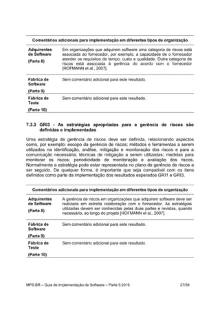 MPS.BR – Guia de Implementação de Software – Parte 5:2016 27/39
Comentários adicionais para implementação em diferentes tipos de organização
Adquirentes
de Software
(Parte 8)
Em organizações que adquirem software uma categoria de riscos está
associada ao fornecedor, por exemplo, a capacidade de o fornecedor
atender os requisitos de tempo, custo e qualidade. Outra categoria de
riscos está associada à gerência do acordo com o fornecedor
[HOFMANN et al., 2007].
Fábrica de
Software
(Parte 9)
Sem comentário adicional para este resultado.
Fábrica de
Teste
(Parte 10)
Sem comentário adicional para este resultado.
7.3.3 GRI3 - As estratégias apropriadas para a gerência de riscos são
definidas e implementadas
Uma estratégia de gerência de riscos deve ser definida, relacionando aspectos
como, por exemplo: escopo da gerência de riscos; métodos e ferramentas a serem
utilizados na identificação, análise, mitigação e monitoração dos riscos e para a
comunicação necessária; técnicas de mitigação a serem utilizadas; medidas para
monitorar os riscos; periodicidade de monitoração e avaliação dos riscos.
Normalmente a estratégia pode estar representada no plano de gerência de riscos a
ser seguido. De qualquer forma, é importante que seja compatível com os itens
definidos como parte da implementação dos resultados esperados GRI1 e GRI3.
Comentários adicionais para implementação em diferentes tipos de organização
Adquirentes
de Software
(Parte 8)
A gerência de riscos em organizações que adquirem software deve ser
realizada em estreita colaboração com o fornecedor. As estratégias
utilizadas devem ser conhecidas pelas duas partes e revistas, quando
necessário, ao longo do projeto [HOFMANN et al., 2007].
Fábrica de
Software
(Parte 9)
Sem comentário adicional para este resultado.
Fábrica de
Teste
(Parte 10)
Sem comentário adicional para este resultado.
 