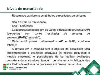 Níveis de maturidade
Resumindo os níveis e os atributos e resultados de atributos
São 7 níveis de maturidade
São 9 processos
Cada processo possui um ou vários atributos de processo (AP)
(pergunta), com vários resultados de atributos de
processo(RAP)(“resposta”).
Cada nível possui determinados AP e RAP, conforme
tabela01.
A divisão em 7 estágios tem o objetivo de possibilitar uma
implementação e avaliação adequada às micros, pequenas e
médias empresas. A possibilidade de se realizar avaliações
considerando mais níveis também permite uma visibilidade dos
resultados de melhoria de processos em prazos mais curtos.
 