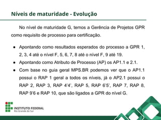 Níveis de maturidade - Evolução
No nível de maturidade G, temos a Gerência de Projetos GPR
como requisito de processo para certificação.
● Apontando como resultados esperados do processo a GPR 1,
2, 3, 4 até o nível F, 5, 6, 7, 8 até o nível F, 9 até 19.
● Apontando como Atributo de Processo (AP) os AP1.1 e 2.1.
● Com base no guia geral MPS.BR podemos ver que o AP1.1
possui o RAP 1 geral a todos os níveis, já o AP2.1 possui o
RAP 2, RAP 3, RAP 4’4’, RAP 5, RAP 6’5’, RAP 7, RAP 8,
RAP 9’6 e RAP 10, que são ligados a GPR do nível G.
 