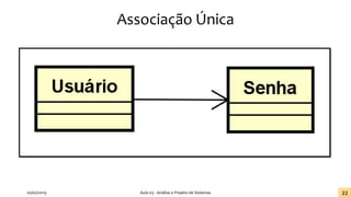 Associação Única
20/02/2019 Aula 03 - Análise e Projeto de Sistemas 22
 
