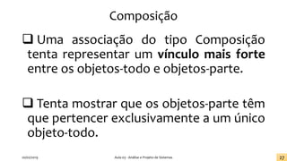 Composição
❑ Uma associação do tipo Composição
tenta representar um vínculo mais forte
entre os objetos-todo e objetos-parte.
❑ Tenta mostrar que os objetos-parte têm
que pertencer exclusivamente a um único
objeto-todo.
20/02/2019 Aula 03 - Análise e Projeto de Sistemas 27
 
