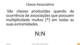 Classe Associativa
São classes produzidas quando da
ocorrência de associações que possuem
multiplicidade muitos (*) em todas as
suas extremidades.
N:N
20/02/2019 Aula 03 - Análise e Projeto de Sistemas 33
 