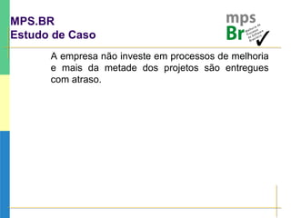 MPS.BR
Estudo de Caso
A empresa não investe em processos de melhoria
e mais da metade dos projetos são entregues
com atraso.
 