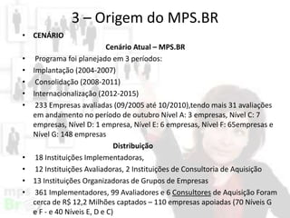 3 – Origem do MPS.BR
• CENÁRIO

•
•
•
•
•

•
•
•
•

Cenário Atual – MPS.BR
Programa foi planejado em 3 períodos:
Implantação (2004-2007)
Consolidação (2008-2011)
Internacionalização (2012-2015)
233 Empresas avaliadas (09/2005 até 10/2010),tendo mais 31 avaliações
em andamento no período de outubro Nível A: 3 empresas, Nível C: 7
empresas, Nível D: 1 empresa, Nível E: 6 empresas, Nível F: 65empresas e
Nível G: 148 empresas
Distribuição
18 Instituições Implementadoras,
12 Instituições Avaliadoras, 2 Instituições de Consultoria de Aquisição
13 Instituições Organizadoras de Grupos de Empresas
361 Implementadores, 99 Avaliadores e 6 Consultores de Aquisição Foram
cerca de R$ 12,2 Milhões captados – 110 empresas apoiadas (70 Níveis G
e F - e 40 Níveis E, D e C)

 