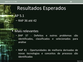 Resultados Esperados AP 5.1 RAP 36 até 42 Mais relevantes RAP 37 - Defeitos e outros problemas são identificados, classificados e selecionados para análise  RAP 41 - Oportunidades de melhoria derivadas de novas tecnologias e conceitos de processo são identificadas  08/01/12   11:11 PM 