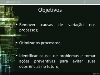Objetivos Remover causas de variação nos processos; Otimizar os processos; Identificar causas de problemas e tomar ações preventivas para evitar suas ocorrências no futuro; 08/01/12   11:11 PM 