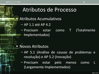 Atributos de Processo Atributos Acumulativos AP 1.1 até AP 4.2 Precisam estar como T (Totalmente Implementados) Novos Atributos AP 5.1 (Análise de causas de problemas e resolução) e AP 5.2 (Inovação) Precisam estar pelo menos como L (Largamente Implementados) 08/01/12   11:11 PM 