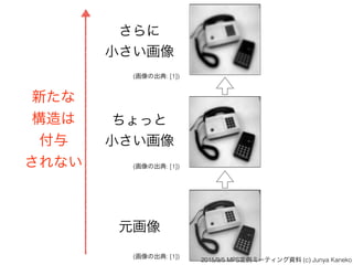 元画像
ちょっと
小さい画像
さらに
小さい画像
(画像の出典: [1])
(画像の出典: [1])
(画像の出典: [1])
新たな
構造は
付与
されない
2015/9/5 MPS定例ミーティング資料 (c) Junya Kaneko
 