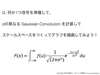 Q. 何か1つ信号を準備して、
σの異なる Gaussian Convolution を計算して
スケールスペースをつくってグラフを描画してみよう！
2015/9/5 MPS定例ミーティング資料 (c) Junya Kaneko
 