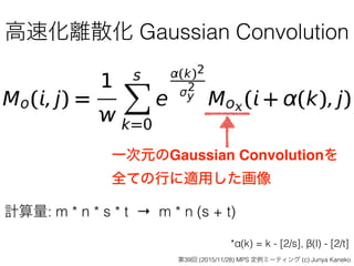 高速化離散化 Gaussian Convolution
一次元のGaussian Convolutionを
全ての行に適用した画像
計算量: m * n * s * t → m * n (s + t)
*α(k) = k - [2/s], β(l) - [2/t]
第39回 (2015/11/28) MPS 定例ミーティング (c) Junya Kaneko
 