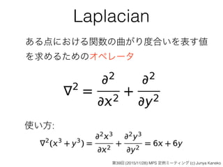 Laplacian
ある点における関数の曲がり度合いを表す値 
を求めるためのオペレータ
使い方:
第39回 (2015/11/28) MPS 定例ミーティング (c) Junya Kaneko
 