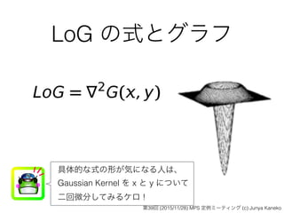 LoG の式とグラフ
具体的な式の形が気になる人は、
Gaussian Kernel を x と y について
二回微分してみるケロ !
第39回 (2015/11/28) MPS 定例ミーティング (c) Junya Kaneko
 