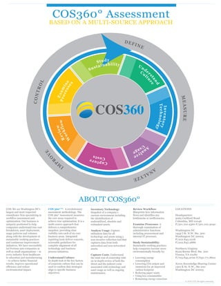 COS360° Assessment
                                     BASED ON A MULTI-SOURCE APPROACH


                                                                                                       DEF
                                                                                                              INE


                                                                                      y
                                                                               Stud
                                                                                 ai nability                     Un
                                                                         S   ust                                     d
                                                                                                                   Cu er
                                                                                                                      lt




                                                                                                                         st re
                                                                                                                           an
                                                                                                                           u
                            OL




                                                    ss e
                                                      es




                                                                                                                              d
                                                ce in
                          TR




                                           P r ox a m
                        CON




                                              E




                                                                                                                                                    MEASURE
                                                                              COS360


                                                                                                                                  Technolo y
                                                                                                                                   Inventor
                                              vie w
                                           Re rkflo




                                                                                                                                           gy
                                                 w

                                             o
                                           W




                                                                                                             A Us
                                                                                                              na ag
                                    VE




                                                                                                                ly e
                                                                                                                  ze
                                     O




                                                                          Costs e
                                       R




                                           P                             Captur
                                               IM                                                                          AN
                                                                                                                      AL
                                                                                                                 YZ
                                                                                                             E




                                                                ABOUT COS360°
COS: We are Washington DC’s         COS 360°™: A revolutionary           Inventory Technology:               Review Workflow:                   LOCATIONS
largest and most respected          assessment methodology. The          Snapshot of a company’s             Blueprints how information
consultancy firm specializing in    COS 360° Assessment measures         current environment including       flows and identifies any           Headquarters
workflow assessment and             the core areas required to           the identification of               bottlenecks or inefficiencies.     9065 Guilford Road
optimization. Our business is       achieve true optimization. It is a   underutilized, obsolete and                                            Columbia, MD 21046
uniquely positioned to help         multi-source approach that           redundant assets.                   Examine Processes: A               P/301.210.4360 F/301.210.3040
companies understand true cost      delivers a comprehensive                                                 thorough examination of
breakdown, asset deployment,        snapshot, providing clear            Analyze Usage: Capture              administrative functions           Washington DC
usage patterns and volumes          visibility into each of six core     utilization data for all            including procurement and          1444 I St. N.W. Ste. 300
along with the development of       business areas. Integrated           technology and assets using a       internal IT processes.             Washington DC 20005
sustainable working practices       reporting tools deliver concrete,    non-invasive collection tool that                                      P/202.845.0218
and continuous improvement          actionable guidelines for            captures data from both             Study Sustainability:              F/202.842.2886
initiatives. We have successfully   complete alignment of all            networked and non-networked         Sustainable working practices
led Fortune 500 companies as        technology and business              assets.                             help companies become more         Northern Virginia
well as small organizations – in    process initiatives.                                                     environmentally friendly by:       8229 Boone Blvd. Ste. 200
every industry from healthcare                                           Capture Costs: Understand                                              Vienna, VA 22182
to education and manufacturing      Understand Culture:                  the total cost of ownership with    • Lowering energy                  P/703.845.9700 F/630.771.8601
– to achieve better financial       In-depth look at the key factors     an in-depth review of both the        consumption
results, improve operational        of corporate culture that can be     direct and the indirect costs       • Lowering CO2 output and          Xerox Knowledge Sharing Center
efficiency and reduce               used to confirm that strategies      associated with technology and        emissions for an improved        1301 K St. N.W., Ste 200
environmental impact.               align to specific business           asset usage as well as ongoing        carbon footprint                 Washington DC 20005
                                    objectives.                          maintenance.                        • Reducing paper waste
                                                                                                             • Using less consumables
                                                                                                             • Remaining energy conscious
                                                                                                                                                        © 2010. COS. All rights reserved.
 