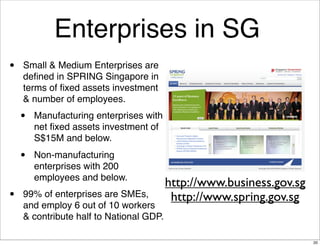 Enterprises in SG
•   Small & Medium Enterprises are
    deﬁned in SPRING Singapore in
    terms of ﬁxed assets investment...