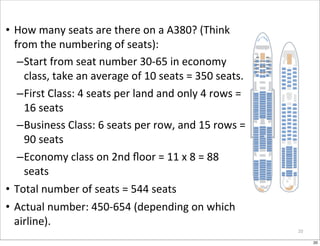 • How	
  many	
  seats	
  are	
  there	
  on	
  a	
  A380?	
  (Think	
  
  from	
  the	
  numbering	
  of	
  seats):
   –S...