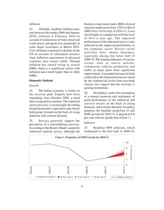 Inflation                                                    business expectation index (BEI) showed
                                                             seasonal moderation from 120.6 in Q4 of
23.      Globally, headline inflation rates
                                                             2009-10 to 119.8 in Q1 of 2010-11, it was
rose between November 2009 and January
                                                             much higher in comparison with the level
2010, softened in February 2010 on
                                                             of 96.4 a year ago. The improved
account of moderation of food, metal and
                                                             performance of the industrial sector is also
crude prices and again rose marginally in
                                                             reflected in the improved profitability in
some major economies in March 2010.
                                                             the corporate sector. Service sector
Core inflation continued to decline in the
                                                             activities have shown buoyancy,
US on account of substantial resource
                                                             especially during the latter half of
slack. Inflation expectations in advanced
                                                             2009-10. The leading indicators of various
countries also remain stable. Though
                                                             sectors such as tourist arrivals,
inflation has started rising in several
                                                             commercial vehicles production and
EMEs, India is a significant outlier with
                                                             traffic at major ports show significant
inflation rates much higher than in other
                                                             improvement. A sustained increase in bank
EMEs.
                                                             credit and in the financial resources raised
Domestic Outlook                                             by the commercial sector from non-bank
Growth                                                       sources also suggest that the recovery is
                                                             gaining momentum.
24.      The Indian economy is firmly on
the recovery path. Exports have been                         26.    On balance, under the assumption
expanding since October 2009, a trend                        of a normal monsoon and sustenance of
                                                             good performance of the industrial and
that is expected to continue. The industrial
                                                             services sectors on the back of rising
sector recovery is increasingly becoming
                                                             domestic and external demand, for policy
broad-based and is expected to take firmer
                                                             purposes the baseline projection of real
hold going forward on the back of rising
                                                             GDP growth for 2010-11 is placed at 8.0
domestic and external demand.
                                                             per cent with an upside bias (Chart 1).
25.    Surveys generally support the
                                                             Inflation
perception of a consolidating recovery.
According to the Reserve Bank’s quarterly                    27.   Headline WPI inflation, which
industrial outlook survey, although the                      moderated in the first half of 2009-10,

                               Chart 1: Projection of GDP Growth for 2010-11
                                                                                                                      10
                                                                                                                           GDP Growth (%)




                                                                                                                      9

                                                                                                                      8

                                                                                                                      7

                                                                                                                      6
                                                                                                            2010-11
                                                                                     2009-10
2005-06




                     2006-07




                                           2007-08




                                                               2008-09




          Baseline Projection      50 Per cent CI    70 Per cent CI      90 Per cent CI        CI - confidence interval



                                                         6
 
