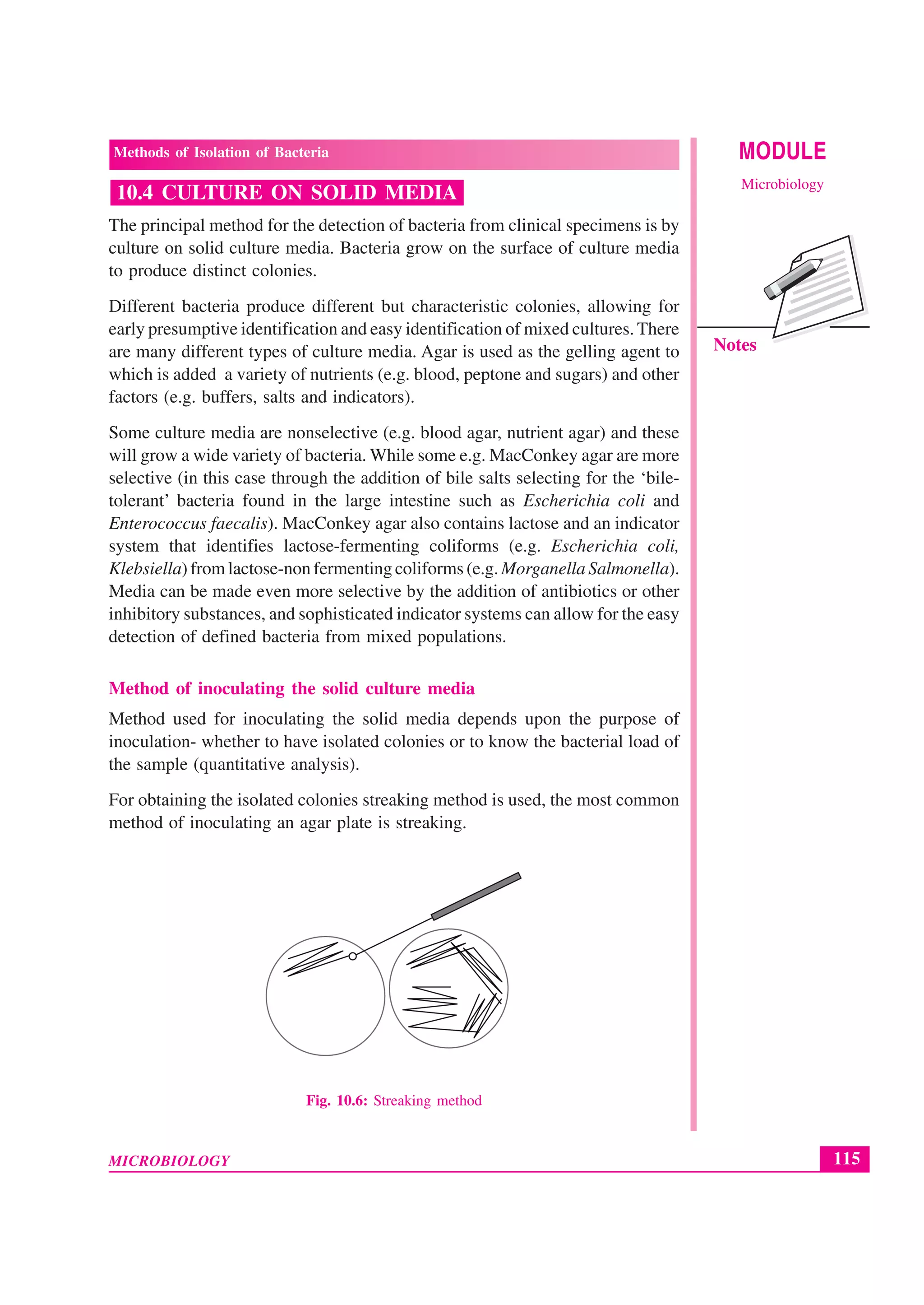 115
Methods of Isolation of Bacteria
MICROBIOLOGY
MODULE
Microbiology
Notes
10.4 CULTURE ON SOLID MEDIA
The principal method for the detection of bacteria from clinical specimens is by
culture on solid culture media. Bacteria grow on the surface of culture media
to produce distinct colonies.
Different bacteria produce different but characteristic colonies, allowing for
early presumptive identification and easy identification of mixed cultures. There
are many different types of culture media. Agar is used as the gelling agent to
which is added a variety of nutrients (e.g. blood, peptone and sugars) and other
factors (e.g. buffers, salts and indicators).
Some culture media are nonselective (e.g. blood agar, nutrient agar) and these
will grow a wide variety of bacteria. While some e.g. MacConkey agar are more
selective (in this case through the addition of bile salts selecting for the ‘bile-
tolerant’ bacteria found in the large intestine such as Escherichia coli and
Enterococcus faecalis). MacConkey agar also contains lactose and an indicator
system that identifies lactose-fermenting coliforms (e.g. Escherichia coli,
Klebsiella) from lactose-non fermenting coliforms (e.g. Morganella Salmonella).
Media can be made even more selective by the addition of antibiotics or other
inhibitory substances, and sophisticated indicator systems can allow for the easy
detection of defined bacteria from mixed populations.
Method of inoculating the solid culture media
Method used for inoculating the solid media depends upon the purpose of
inoculation- whether to have isolated colonies or to know the bacterial load of
the sample (quantitative analysis).
For obtaining the isolated colonies streaking method is used, the most common
method of inoculating an agar plate is streaking.
Fig. 10.6: Streaking method
 